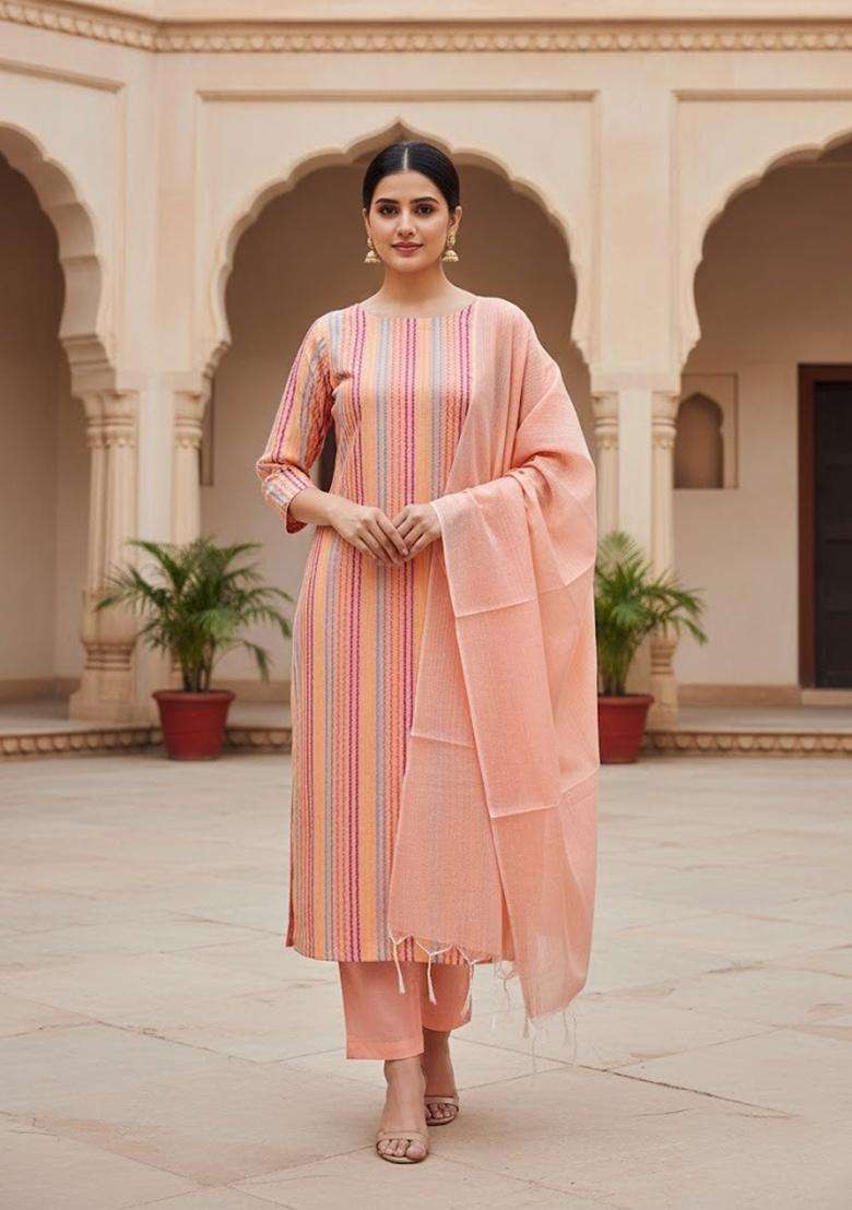 Peach Embroidery Cotton Kurta Set - Indya
