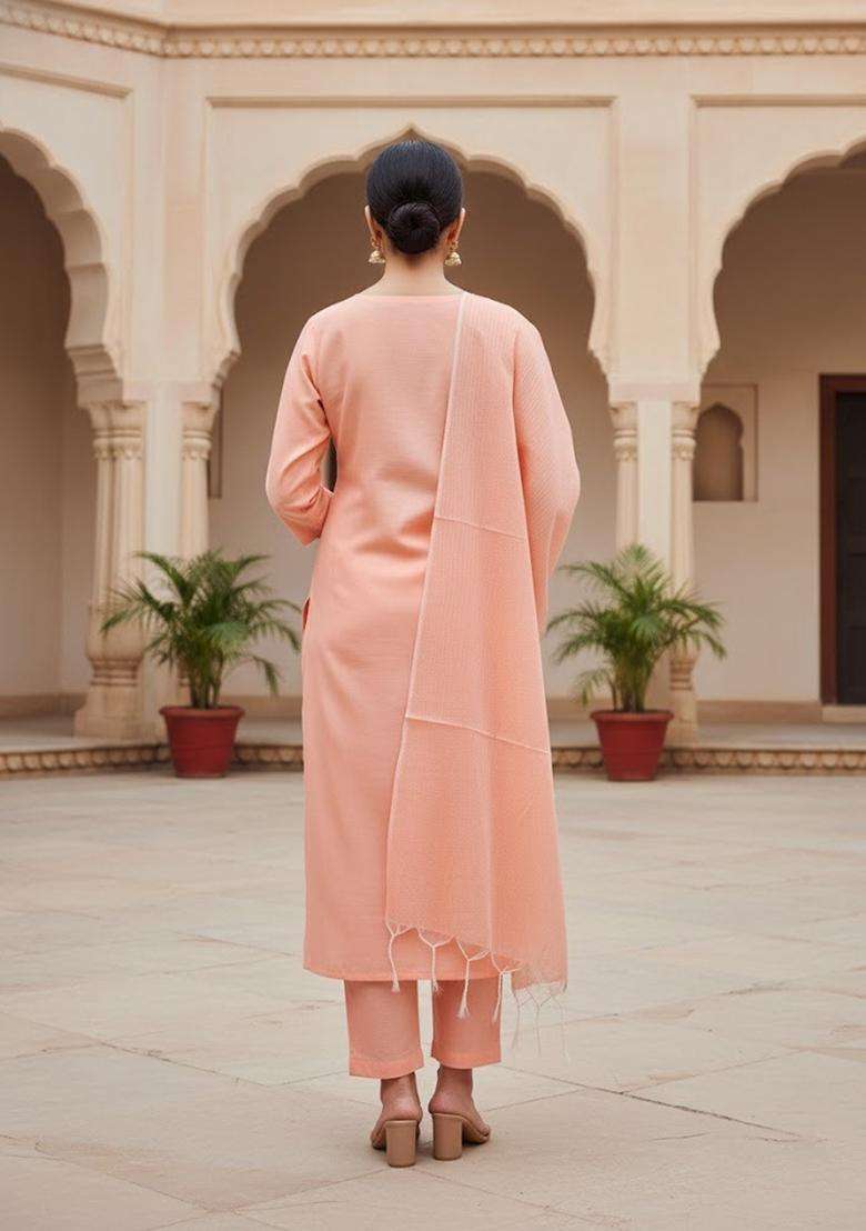 Peach Embroidery Cotton Kurta Set - Indya