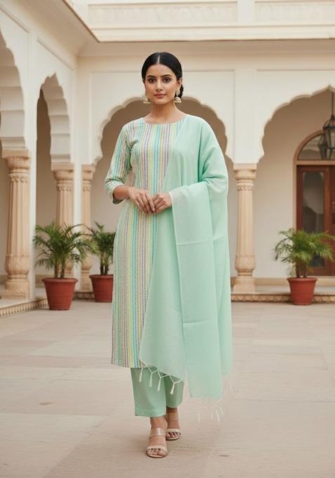 Mint Green Embroidery Cotton Kurta Set