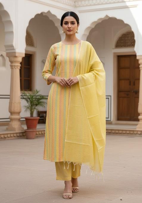 Yellow Embroidery Cotton Kurta Set