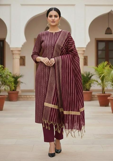 Maroon Embroidery Cotton Kurta Set