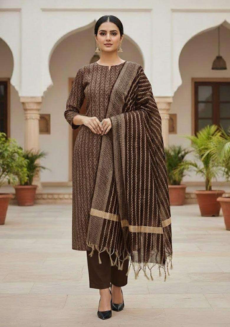 Beige Embroidery Cotton Kurta Set - Indya
