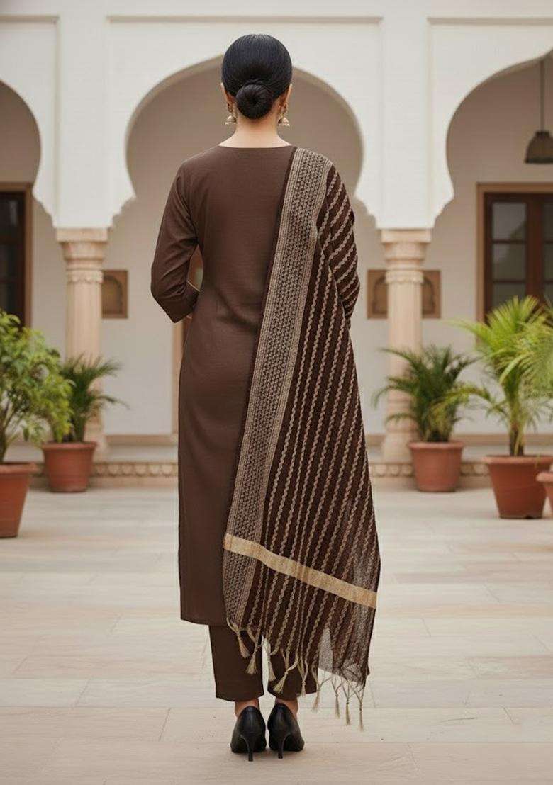 Beige Embroidery Cotton Kurta Set - Indya
