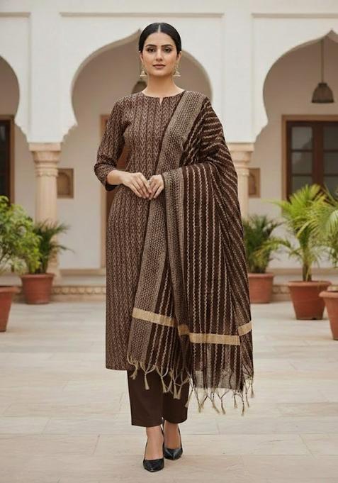 Beige Embroidery Cotton Kurta Set