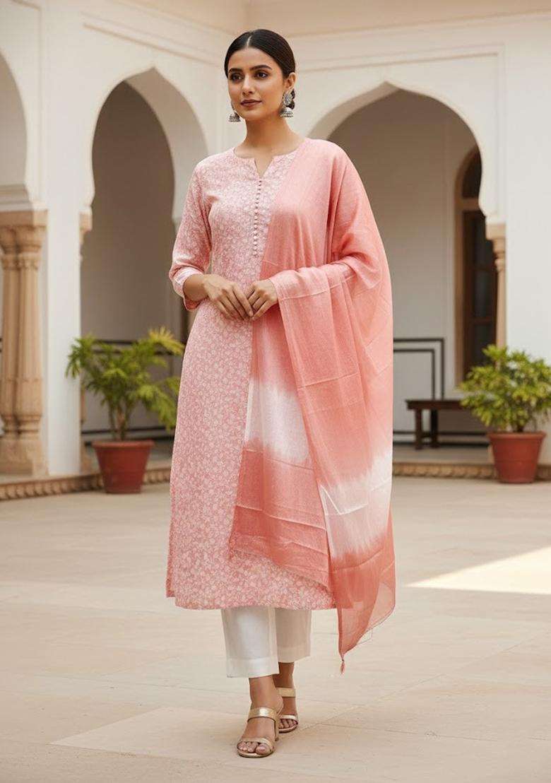 Peach Embroidery Cotton Kurta Set - Indya