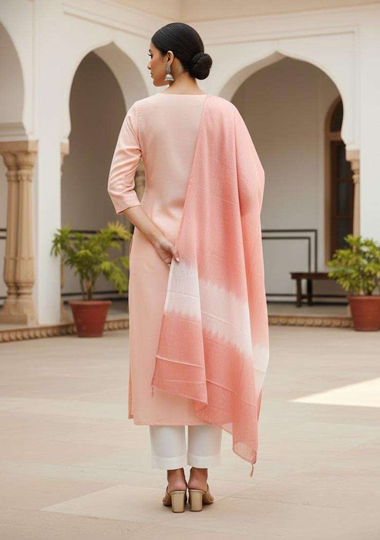 Peach Embroidery Cotton Kurta Set - Indya
