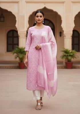 Pink Embroidery Cotton Kurta Set
