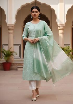 Mint Green Embroidery Cotton Kurta Set
