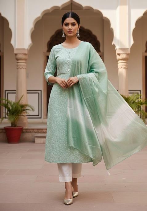 Mint Green Embroidery Cotton Kurta Set