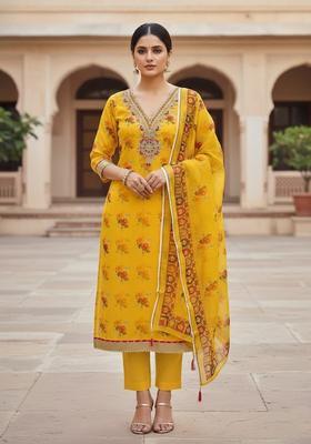 Yellow Embroidery Cotton Kurta Set