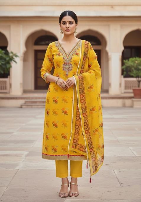 Yellow Embroidery Cotton Kurta Set