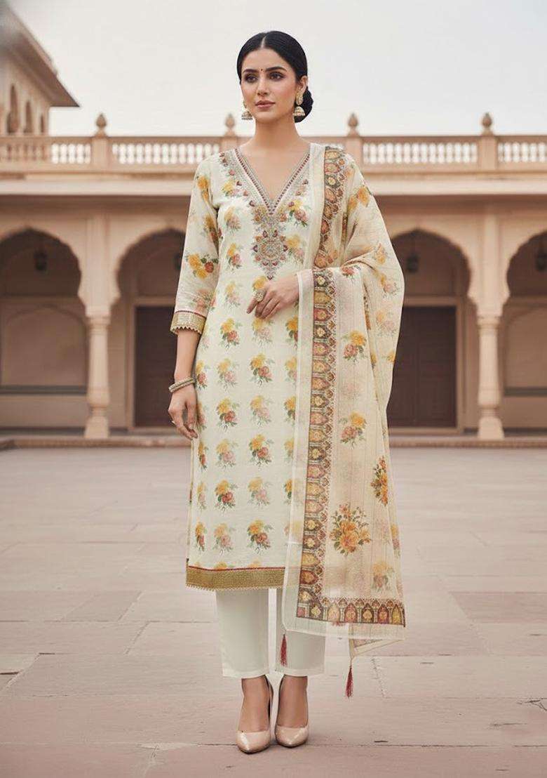 White Embroidery Cotton Kurta Set - Indya