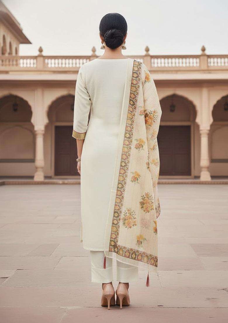 White Embroidery Cotton Kurta Set - Indya