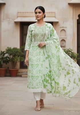 Green Embroidery Cotton Kurta Set