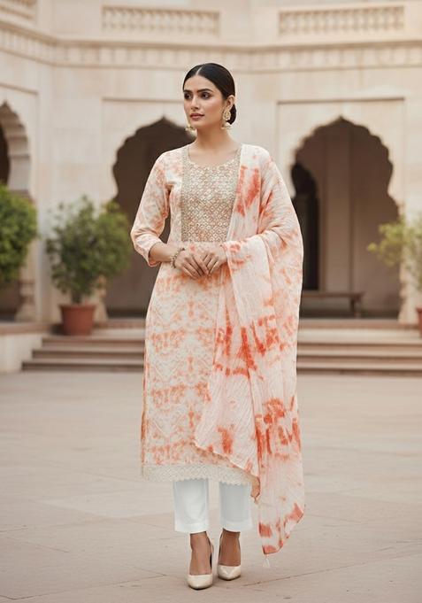 Orange Embroidery Cotton Kurta Set