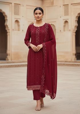Maroon Embroidery Georgette Kurta Set