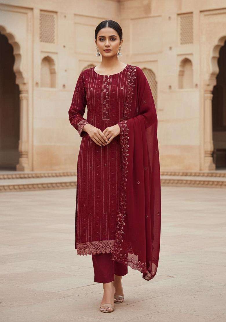 Maroon Embroidery Georgette Kurta Set - Indya