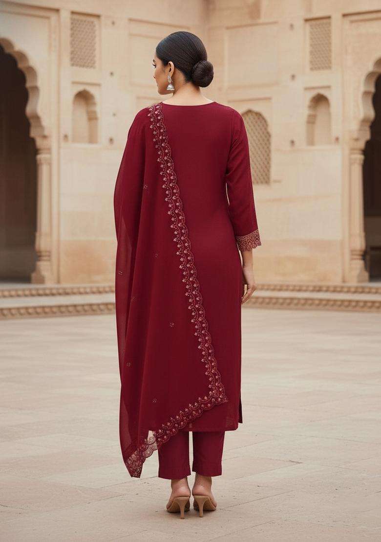 Maroon Embroidery Georgette Kurta Set - Indya