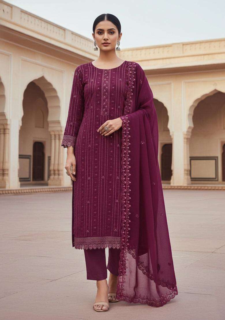 Pink Embroidery Georgette Kurta Set - Indya