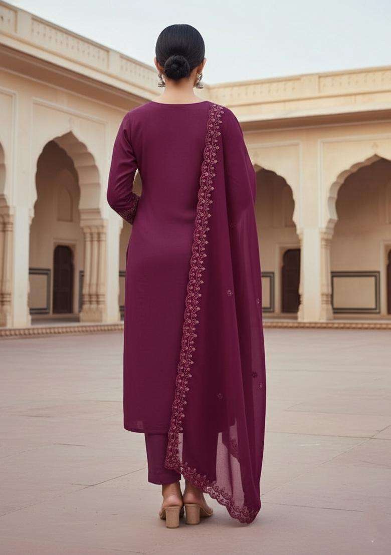 Pink Embroidery Georgette Kurta Set - Indya