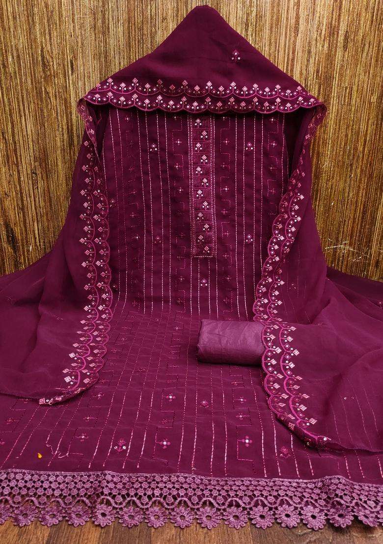 Pink Embroidery Georgette Kurta Set - Indya