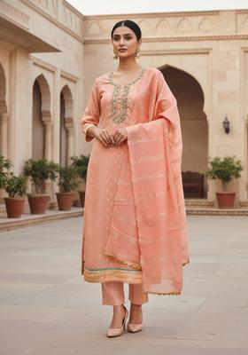 Peach Embroidery Cotton Kurta Set