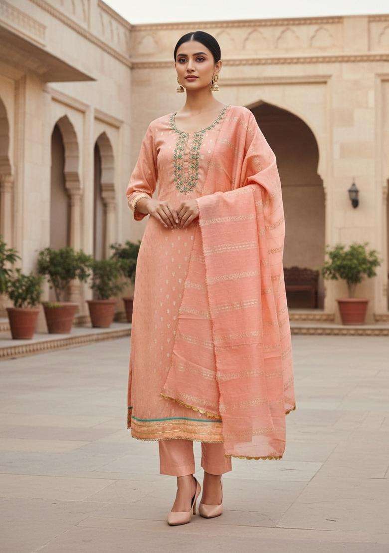 Peach Embroidery Cotton Kurta Set - Indya