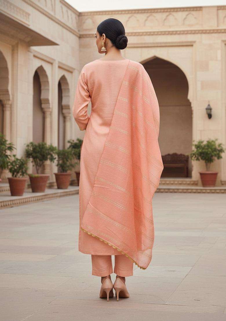 Peach Embroidery Cotton Kurta Set - Indya