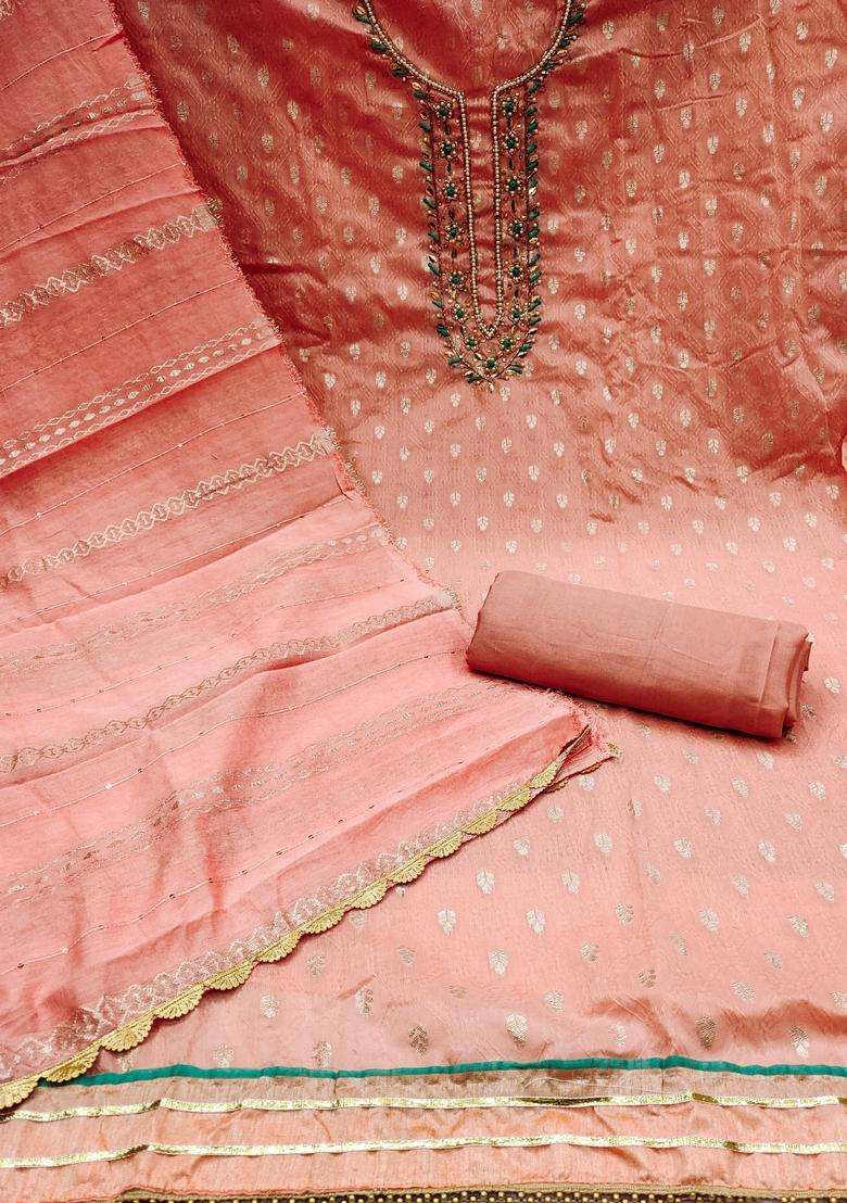 Peach Embroidery Cotton Kurta Set - Indya