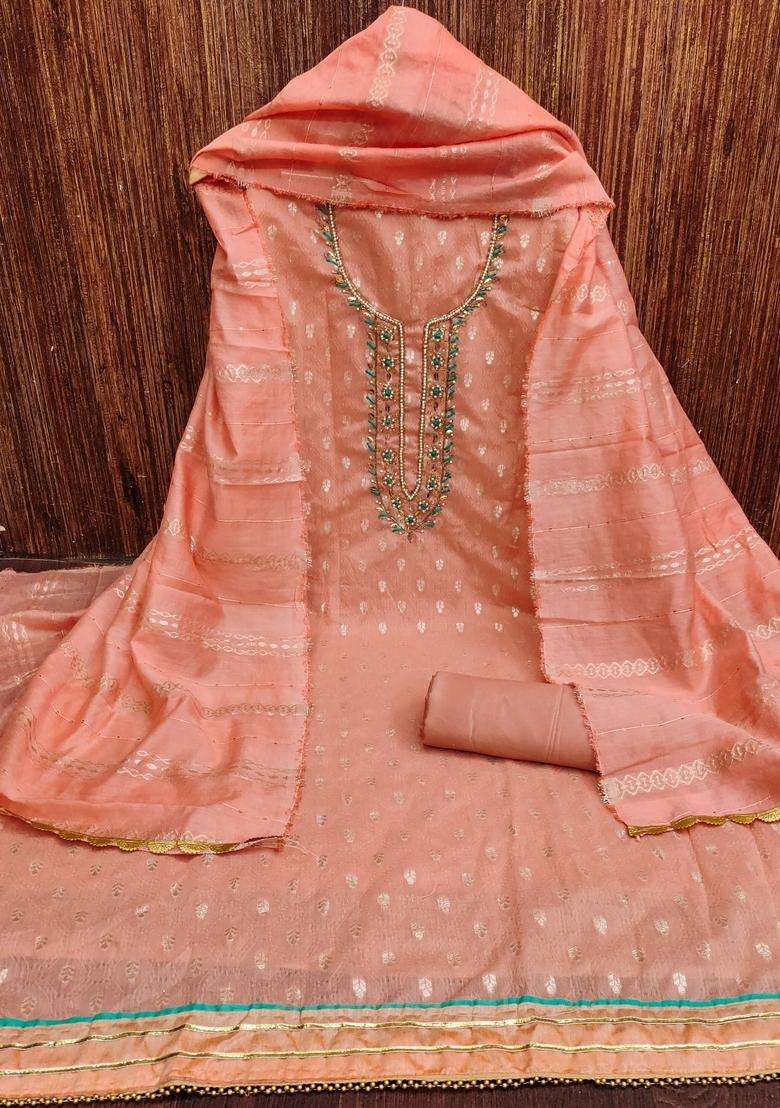 Peach Embroidery Cotton Kurta Set - Indya