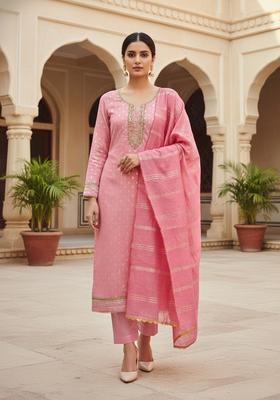 Pink Embroidery Cotton Kurta Set