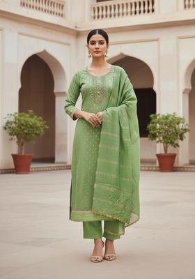 Green Embroidery Cotton Kurta Set