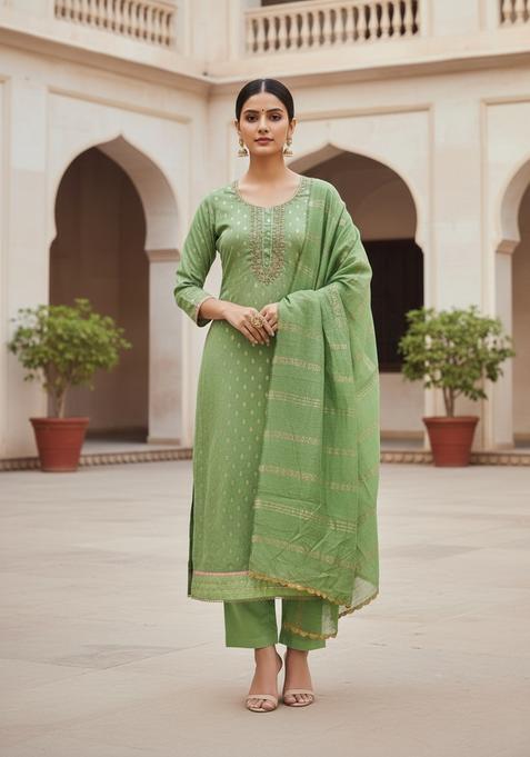 Green Embroidery Cotton Kurta Set