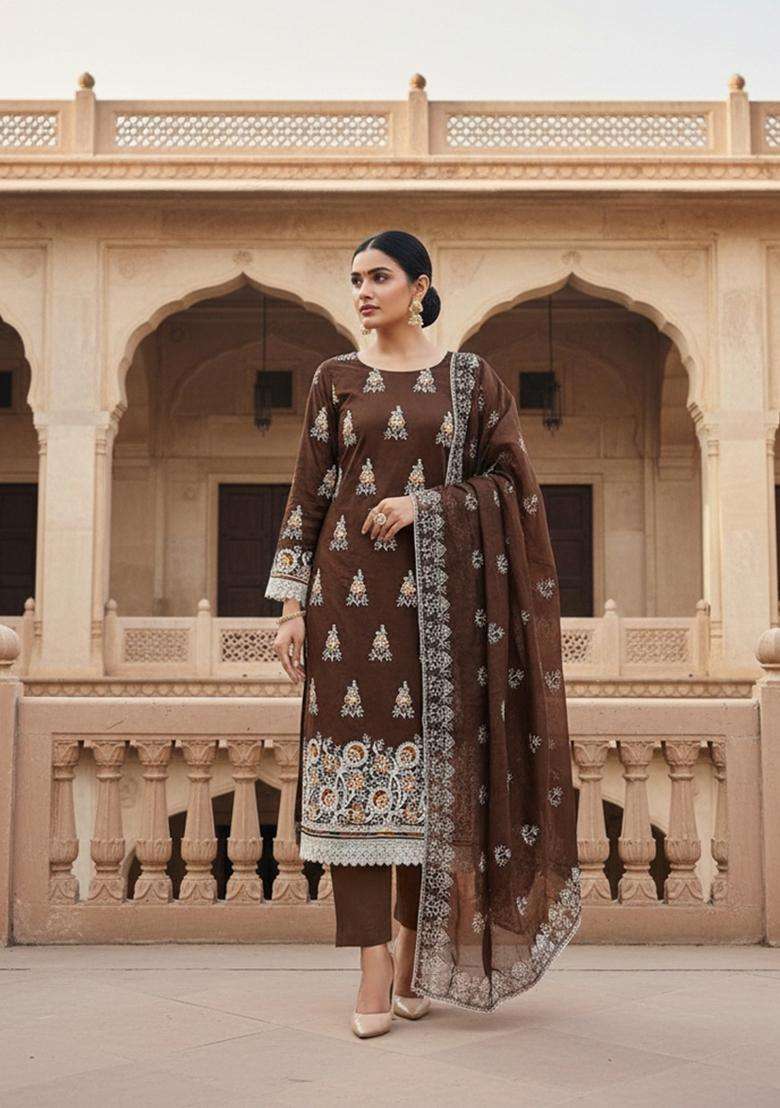 Brown Embroidery Chanderi Kurta Set - Indya