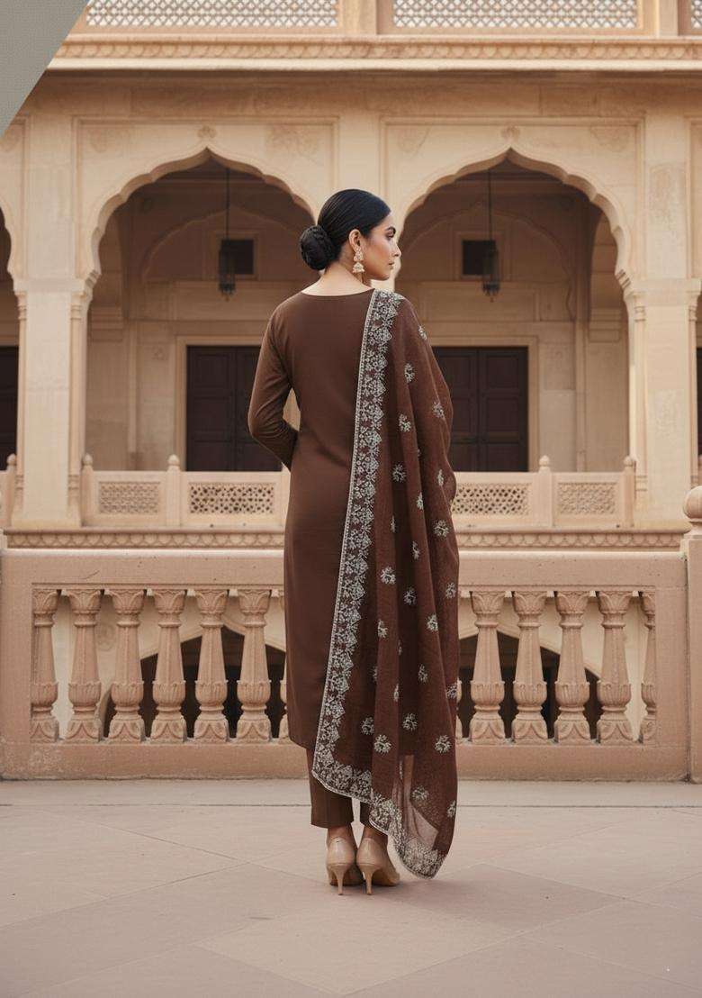 Brown Embroidery Chanderi Kurta Set - Indya