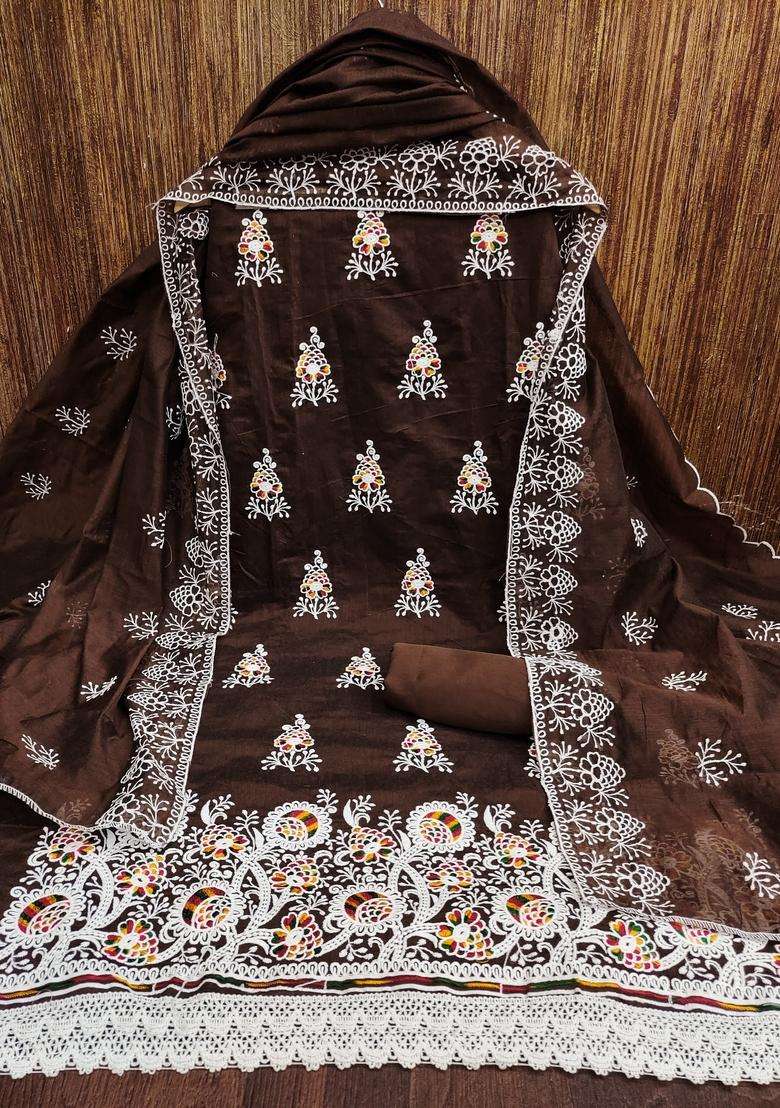 Brown Embroidery Chanderi Kurta Set - Indya