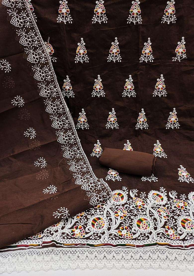 Brown Embroidery Chanderi Kurta Set - Indya
