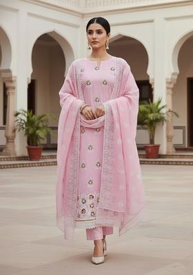 Peach Embroidery Chanderi Kurta Set