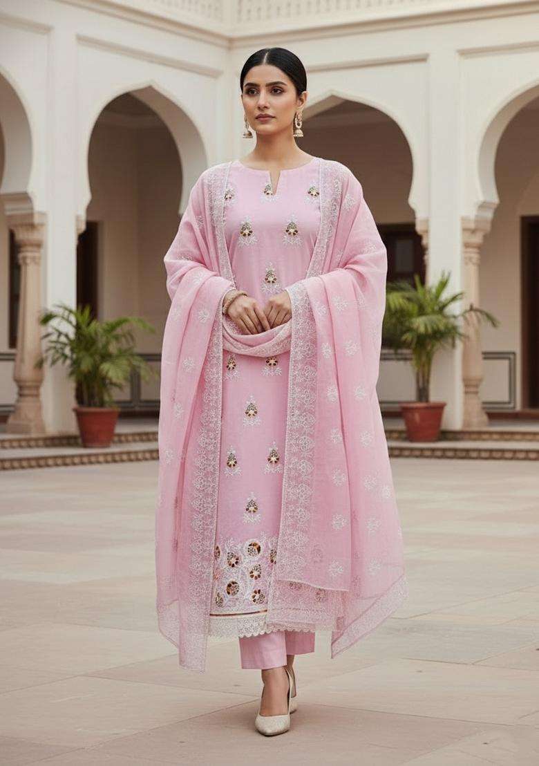 Peach Embroidery Chanderi Kurta Set - Indya