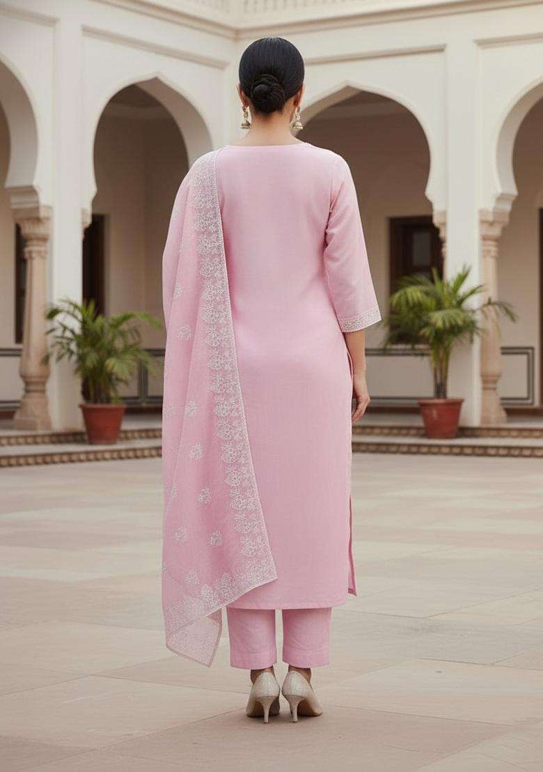 Peach Embroidery Chanderi Kurta Set - Indya