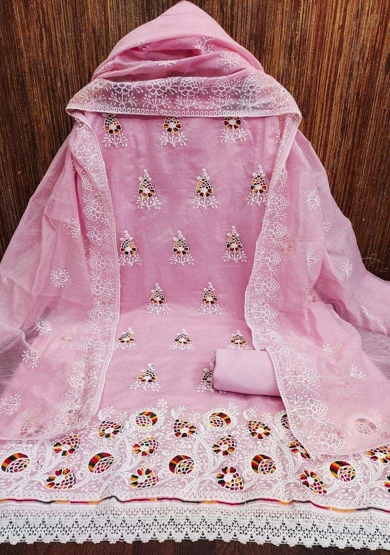 Peach Embroidery Chanderi Kurta Set - Indya