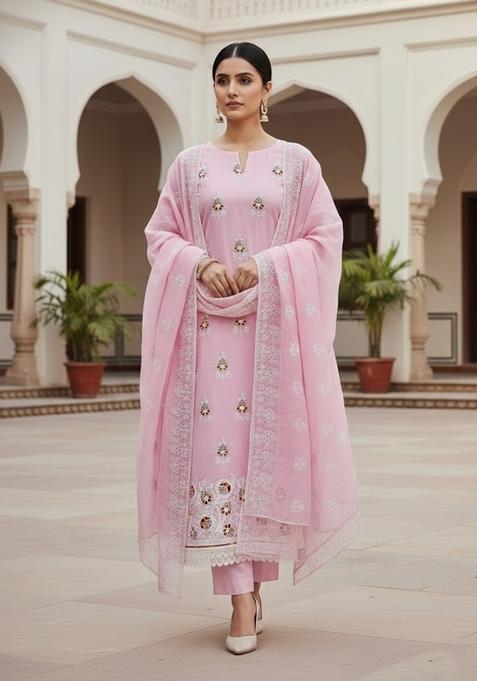 Peach Embroidery Chanderi Kurta Set