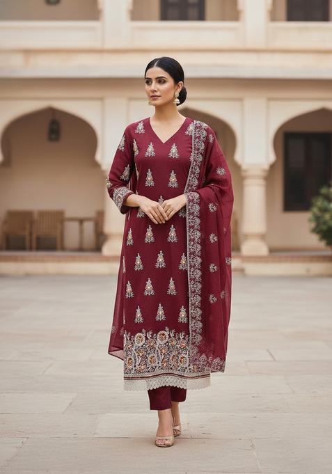 Maroon Embroidery Chanderi Kurta Set