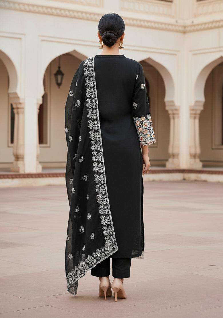 Black Embroidery Chanderi Kurta Set - Indya