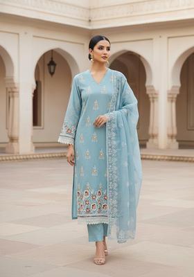 Navy Blue Embroidery Chanderi Kurta Set