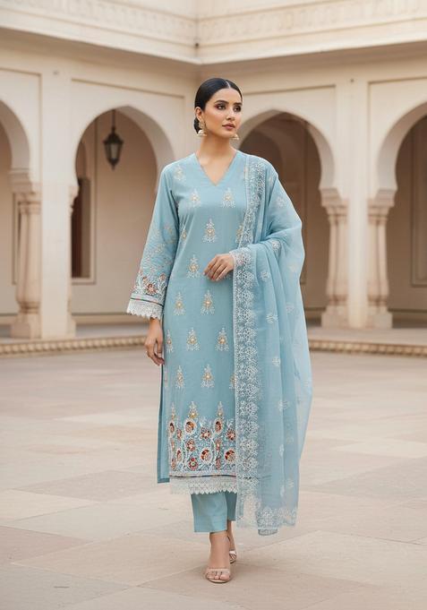 Navy Blue Embroidery Chanderi Kurta Set