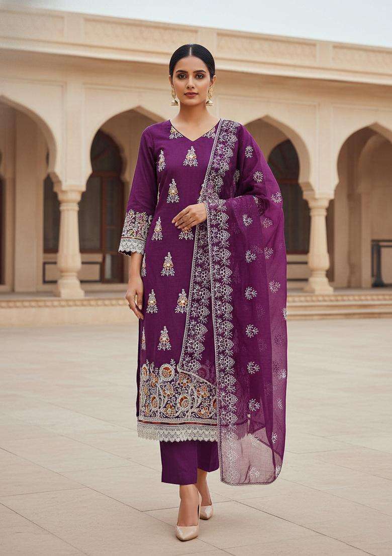 Lavender Embroidery Chanderi Kurta Set - Indya