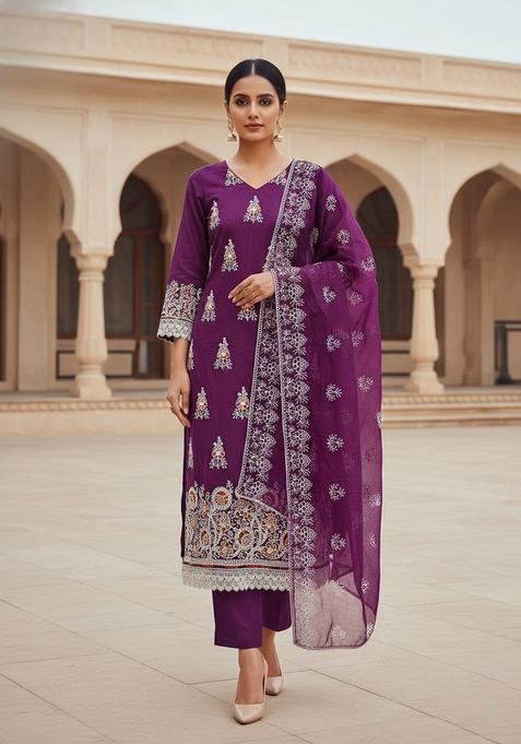 Lavender Embroidery Chanderi Kurta Set