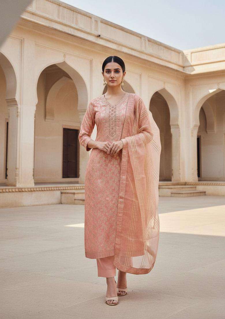 Peach Embroidery Cotton Kurta Set - Indya