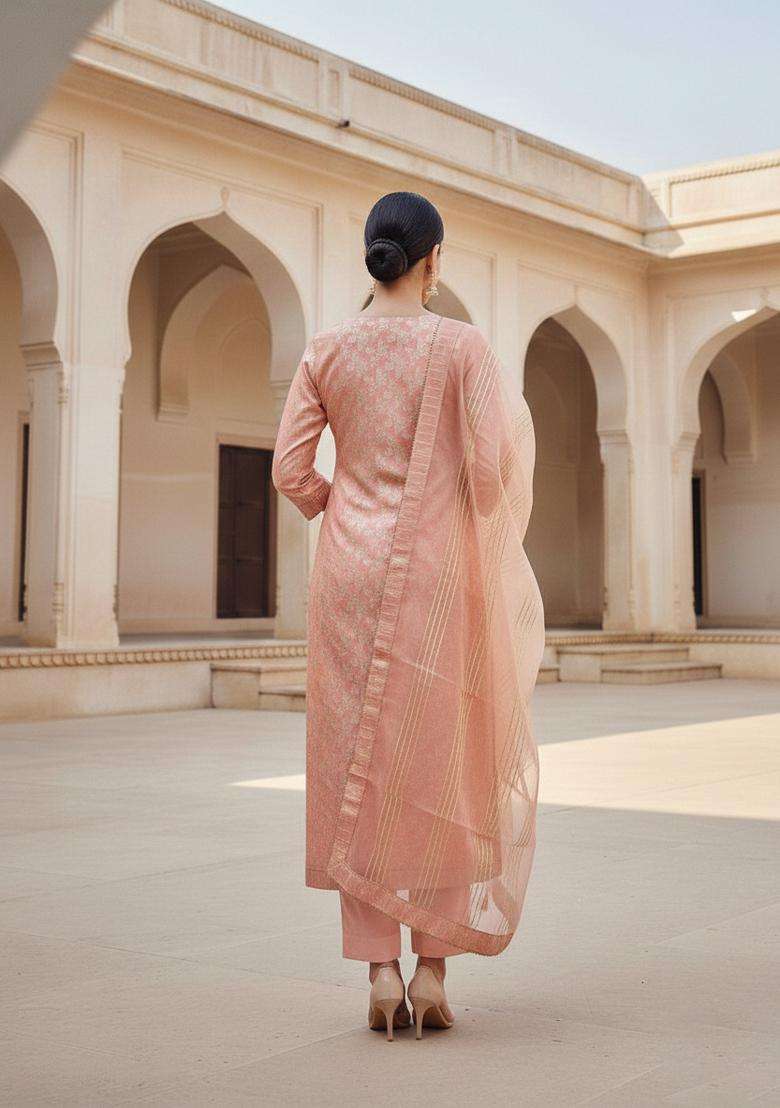 Peach Embroidery Cotton Kurta Set - Indya